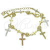 Oro Laminado Charm Bracelet, Gold Filled Style Crucifix and Heart Design, Polished, Tricolor, 03.351.0140.07