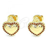 Oro Laminado Stud Earring, Gold Filled Style Heart Design, with Garnet Micro Pave, Polished, Golden Finish, 02.156.0458.2