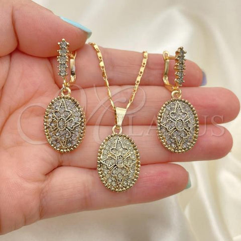 Oro Laminado Earring and Pendant Adult Set, Gold Filled Style Flower Design, with White Crystal, Polished, Golden Finish, 10.314.0007.1