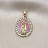 Oro Laminado Religious Pendant, Gold Filled Style Guadalupe Design, with White Cubic Zirconia, Pink Enamel Finish, Golden Finish, 05.284.0019.1