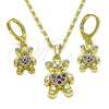 Oro Laminado Earring and Pendant Adult Set, Gold Filled Style Teddy Bear and Heart Design, with Ruby Micro Pave, Polished, Golden Finish, 10.196.0058.1