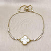 Oro Laminado Adjustable Bolo Bracelet, Gold Filled Style Four-leaf Clover and Box Design, with Ivory Micro Pave and White Cubic Zirconia, Polished, Golden Finish, 03.341.0235.5.11