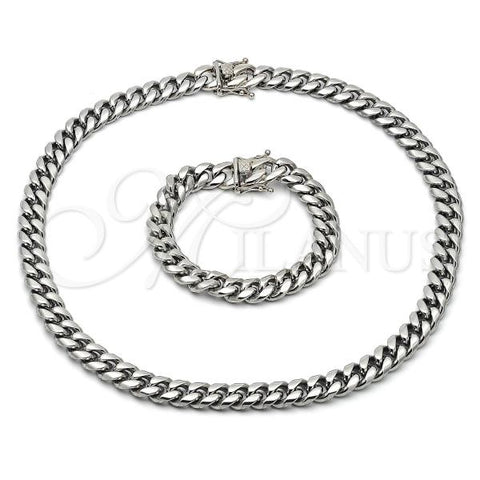 Stainless Steel Necklace and Bracelet, Miami Cuban Design, Polished, Steel Finish, 06.116.0042.1