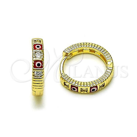 Oro Laminado Huggie Hoop, Gold Filled Style Evil Eye Design, with White Cubic Zirconia, Red Enamel Finish, Golden Finish, 02.213.0620.15
