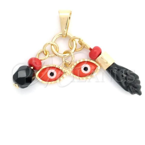 Oro Laminado Religious Pendant, Gold Filled Style Evil Eye and Hand of God Design, with Black Azavache, Red Enamel Finish, Golden Finish, 05.32.0086