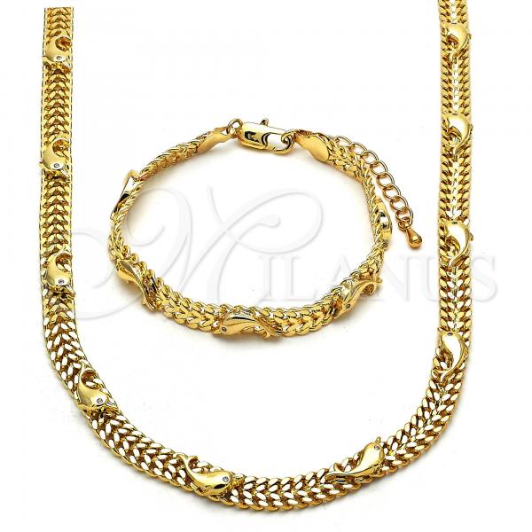 Oro Laminado Necklace and Bracelet, Gold Filled Style Dolphin Design, with White Crystal, Polished, Golden Finish, 06.185.0011