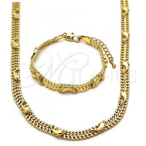 Oro Laminado Necklace and Bracelet, Gold Filled Style Dolphin Design, with White Crystal, Polished, Golden Finish, 06.185.0011