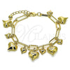 Oro Laminado Charm Bracelet, Gold Filled Style Heart Design, with White Cubic Zirconia, Diamond Cutting Finish, Golden Finish, 03.331.0319.08