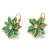Oro Laminado Leverback Earring, Gold Filled Style Flower Design, with Turquoise and White Crystal, Polished, Golden Finish, 02.64.0638