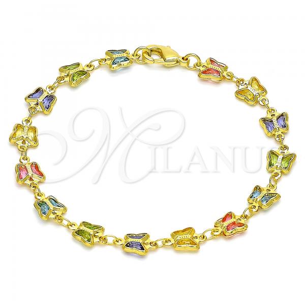 Oro Laminado Fancy Bracelet, Gold Filled Style Butterfly Design, with Multicolor Crystal, Polished, Golden Finish, 03.386.0012.08