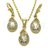 Oro Laminado Earring and Pendant Adult Set, Gold Filled Style Teardrop Design, with White Crystal, Polished, Golden Finish, 10.351.0018