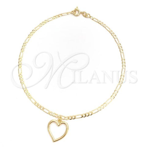 Oro Laminado Charm Anklet , Gold Filled Style Heart and Figaro Design, Polished, Golden Finish, 03.58.0028.10