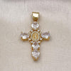 Oro Laminado Religious Pendant, Gold Filled Style Cross and Guadalupe Design, with White Cubic Zirconia, Polished, Golden Finish, 05.342.0228.2