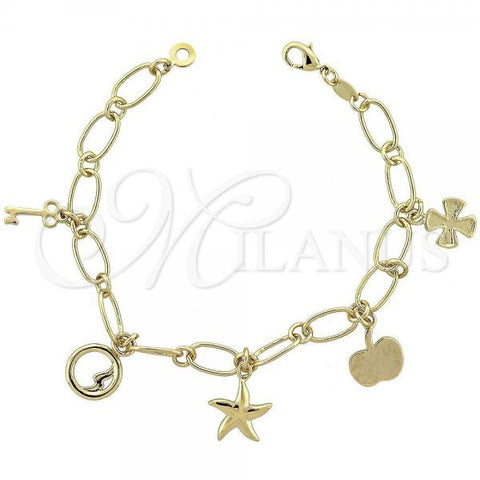 Oro Laminado Charm Bracelet, Gold Filled Style Apple and key Design, Polished, Golden Finish, 5.021.008