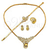 Oro Laminado Necklace, Bracelet, Earring and Ring, Gold Filled Style Flower and Teardrop Design, with White Micro Pave, Polished, Golden Finish, 06.118.0004