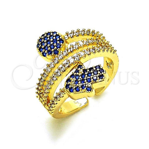 Oro Laminado Multi Stone Ring, Gold Filled Style Hand of God Design, with Sapphire Blue and White Micro Pave, Polished, Golden Finish, 01.284.0088.1