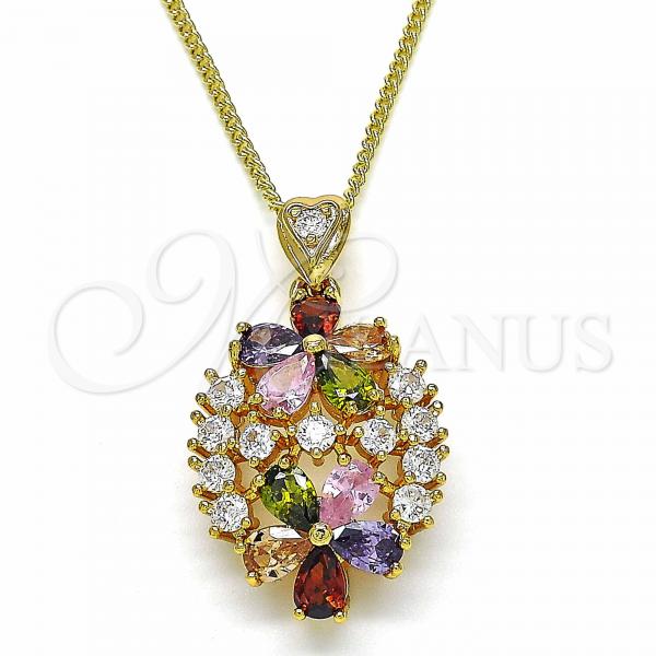 Oro Laminado Pendant Necklace, Gold Filled Style Flower Design, with Multicolor Cubic Zirconia, Polished, Golden Finish, 04.346.0013.1.20