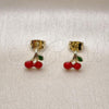 Oro Laminado Stud Earring, Gold Filled Style Cherry Design, Red Enamel Finish, Golden Finish, 02.213.0817
