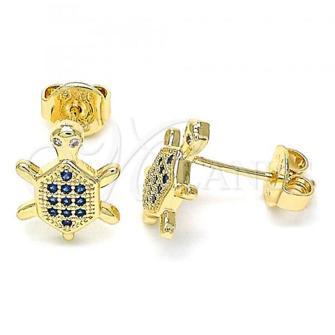 Oro Laminado Stud Earring, Gold Filled Style Turtle Design, with Sapphire Blue and White Micro Pave, Polished, Golden Finish, 02.156.0436.1