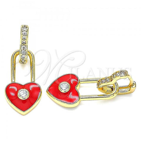 Oro Laminado Huggie Hoop, Gold Filled Style Lock and Heart Design, with White Cubic Zirconia, Red Enamel Finish, Golden Finish, 02.213.0184.12