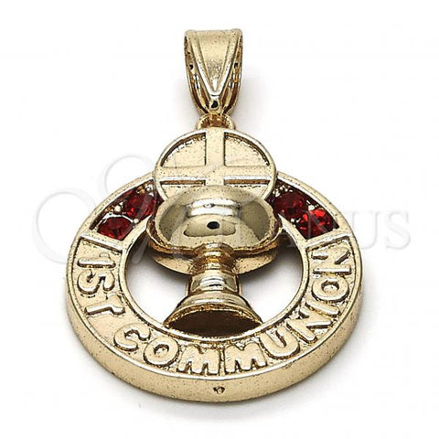 Oro Laminado Religious Pendant, Gold Filled Style Cross Design, with Garnet Crystal, Polished, Golden Finish, 05.253.0022