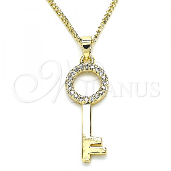 Oro Laminado Pendant Necklace, Gold Filled Style key Design, with White Micro Pave, Polished, Golden Finish, 04.344.0010.20