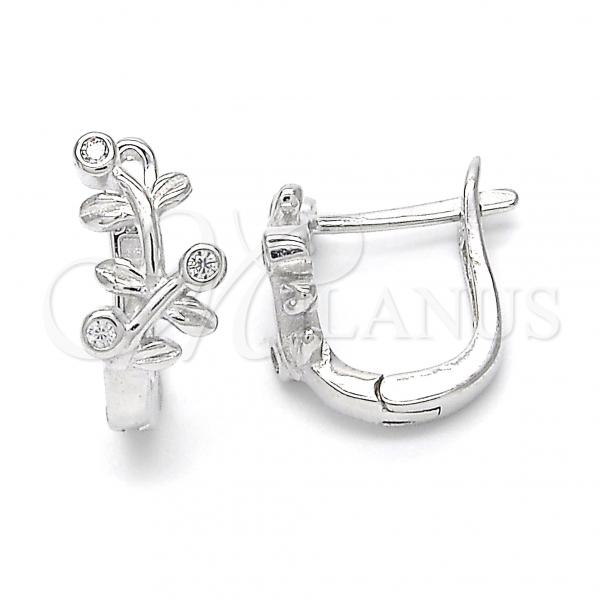 Sterling Silver Huggie Hoop, Leaf Design, with White Cubic Zirconia, Rhodium Finish, 02.332.0016.12