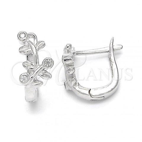 Sterling Silver Huggie Hoop, Leaf Design, with White Cubic Zirconia, Rhodium Finish, 02.332.0016.12