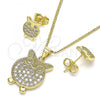 Oro Laminado Earring and Pendant Adult Set, Gold Filled Style Owl Design, with White Micro Pave, Polished, Golden Finish, 10.156.0343