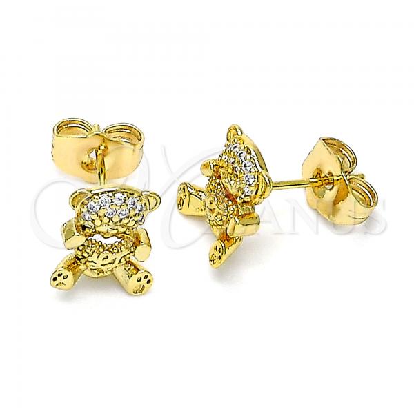 Oro Laminado Stud Earring, Gold Filled Style Teddy Bear Design, with White Micro Pave, Polished, Golden Finish, 02.310.0079