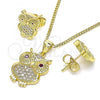 Oro Laminado Earring and Pendant Adult Set, Gold Filled Style Owl Design, with Ruby Cubic Zirconia and White Micro Pave, Polished, Golden Finish, 10.156.0390