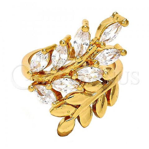 Oro Laminado Multi Stone Ring, Gold Filled Style Leaf Design, with White Cubic Zirconia, Polished, Golden Finish, 01.210.0008.09 (Size 9)
