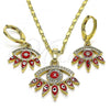 Oro Laminado Earring and Pendant Adult Set, Gold Filled Style Evil Eye Design, with White Micro Pave, Red Enamel Finish, Golden Finish, 10.196.0020.1