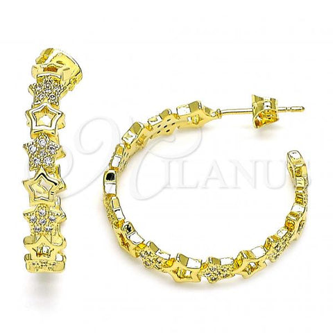 Oro Laminado Stud Earring, Gold Filled Style Star Design, with White Micro Pave, Polished, Golden Finish, 02.341.0113