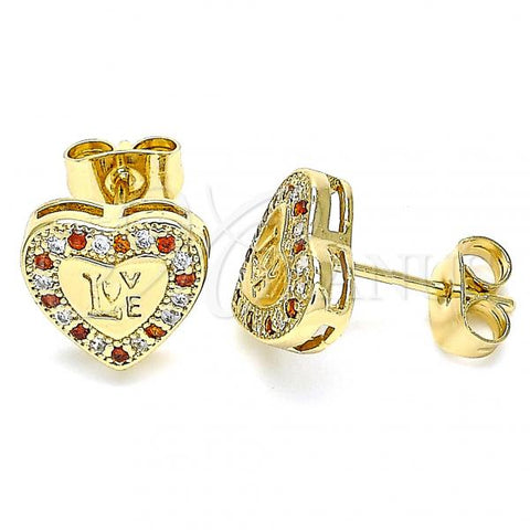 Oro Laminado Stud Earring, Gold Filled Style Heart and Love Design, with Garnet and White Micro Pave, Polished, Golden Finish, 02.344.0024.1