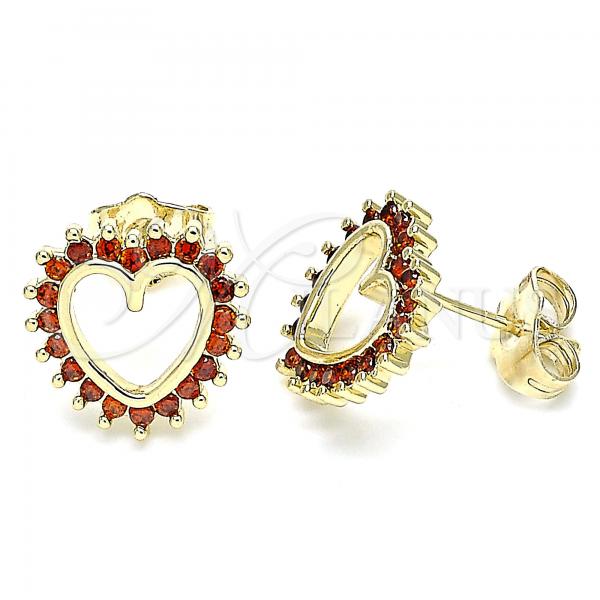 Oro Laminado Stud Earring, Gold Filled Style Heart Design, with Garnet Cubic Zirconia, Polished, Golden Finish, 02.284.0032.1