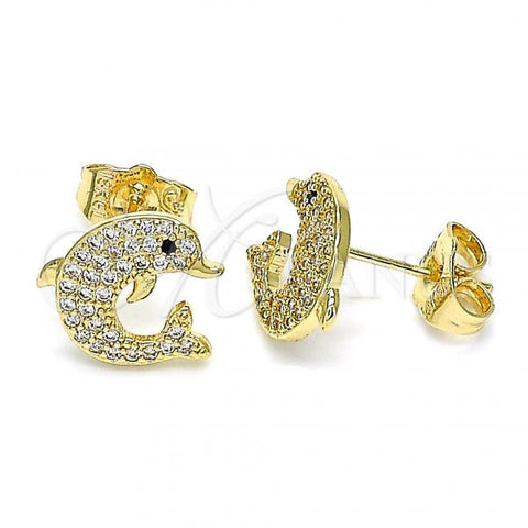 Oro Laminado Stud Earring, Gold Filled Style Dolphin Design, with White and Black Micro Pave, Polished, Golden Finish, 02.156.0584