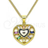 Oro Laminado Pendant Necklace, Gold Filled Style Heart Design, with Multicolor Cubic Zirconia, Blue Enamel Finish, Golden Finish, 04.313.0040.1.20