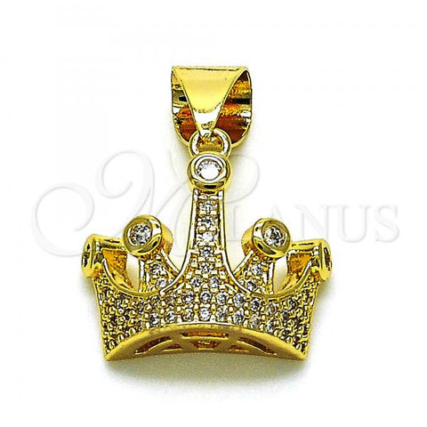 Oro Laminado Fancy Pendant, Gold Filled Style Crown Design, with White Micro Pave and White Cubic Zirconia, Polished, Golden Finish, 05.342.0143