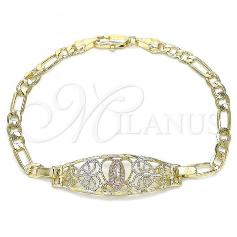 Oro Laminado Fancy Bracelet, Gold Filled Style Guadalupe and Heart Design, Polished, Tricolor, 03.351.0089.1.07