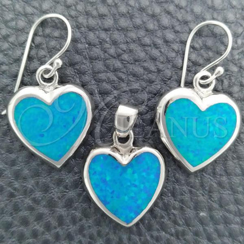 Sterling Silver Earring and Pendant Adult Set, Heart Design, with Bermuda Blue Opal, Polished, Silver Finish, 10.391.0014