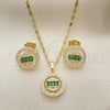 Oro Laminado Earring and Pendant Adult Set, Gold Filled Style Baguette Design, with Green and White Cubic Zirconia, Polished, Golden Finish, 10.196.0090
