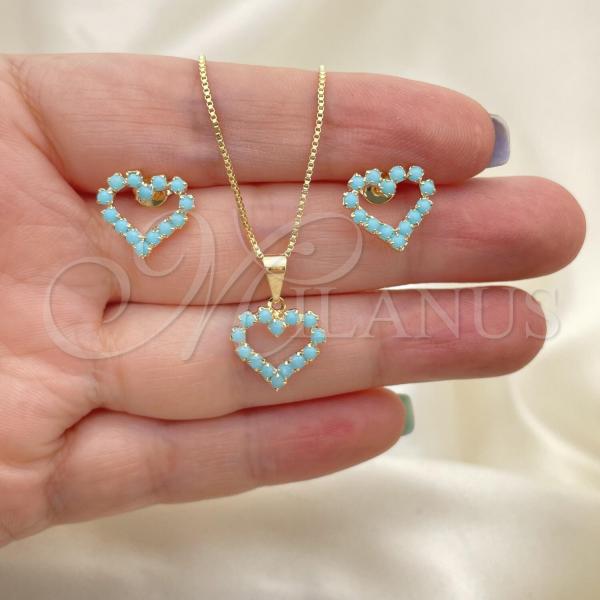 Oro Laminado Earring and Pendant Adult Set, Gold Filled Style Heart and Box Design, with Aquamarine Opal, Polished, Golden Finish, 10.58.0008