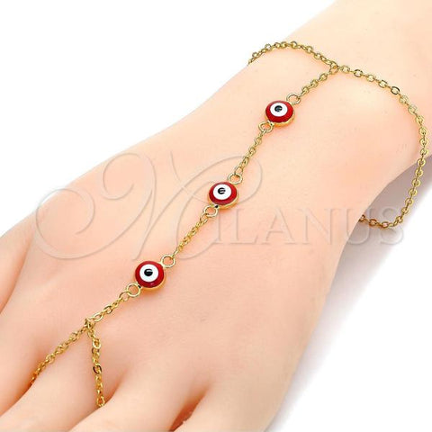 Oro Laminado Fancy Bracelet, Gold Filled Style Evil Eye and Rolo Design, Red Enamel Finish, Golden Finish, 03.60.0144.2.08