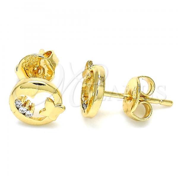 Oro Laminado Stud Earring, Gold Filled Style Heart and Butterfly Design, with White Micro Pave, Polished, Golden Finish, 02.156.0322