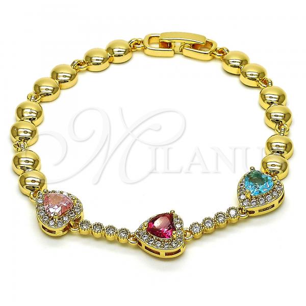 Oro Laminado Fancy Bracelet, Gold Filled Style Heart Design, with Multicolor Cubic Zirconia and White Micro Pave, Polished, Golden Finish, 03.283.0242.1.07