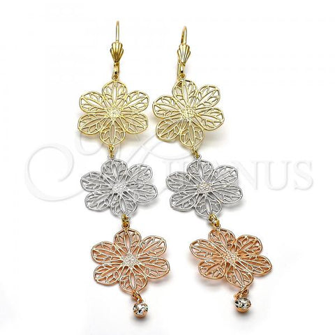 Oro Laminado Long Earring, Gold Filled Style Flower Design, with White Cubic Zirconia, Diamond Cutting Finish, Tricolor, 5.077.006