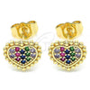 Oro Laminado Stud Earring, Gold Filled Style Heart Design, with Multicolor Micro Pave, Polished, Golden Finish, 02.210.0429.1