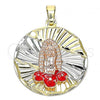 Oro Laminado Religious Pendant, Gold Filled Style Guadalupe and Flower Design, Red Enamel Finish, Tricolor, 05.380.0103