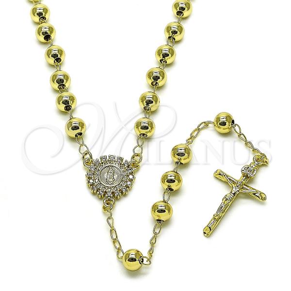 Oro Laminado Medium Rosary, Gold Filled Style Guadalupe and Cross Design, with White Cubic Zirconia, Polished, Golden Finish, 09.213.0048.24